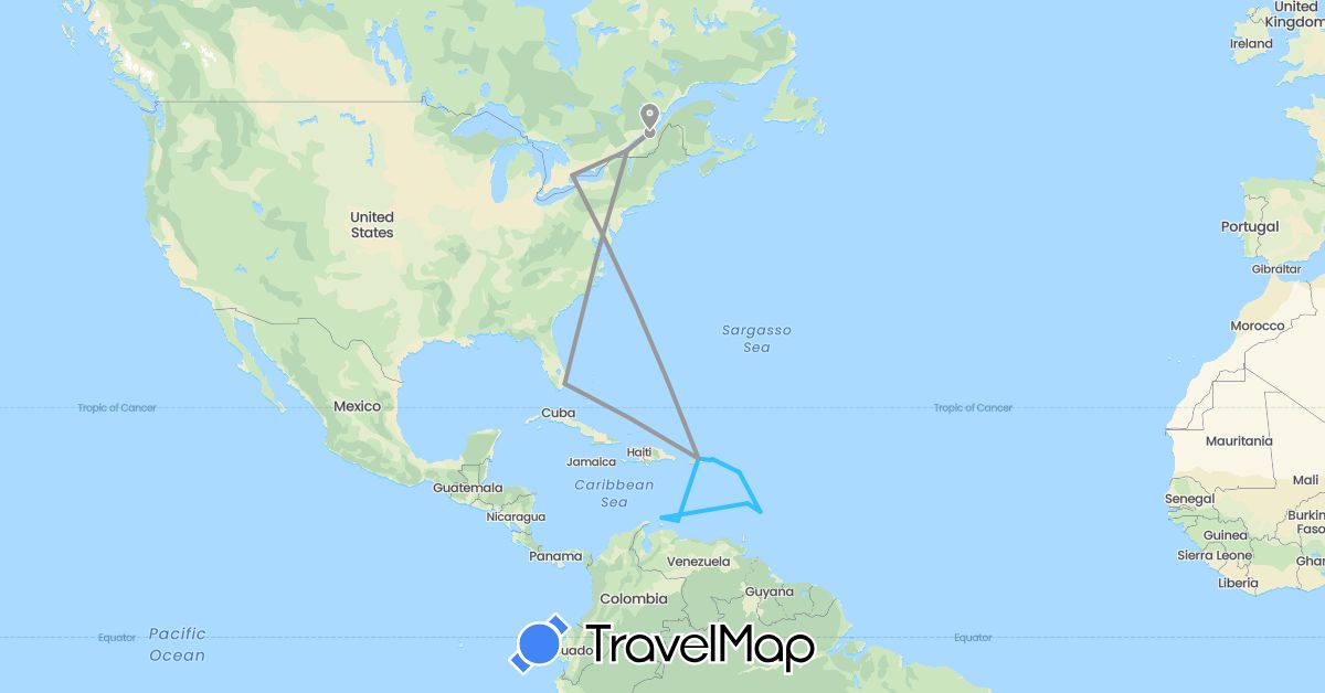 TravelMap itinerary: bus, plane, boat in Antigua and Barbuda, Barbados, Canada, Saint Lucia, Netherlands, United States, British Virgin Islands (Europe, North America)